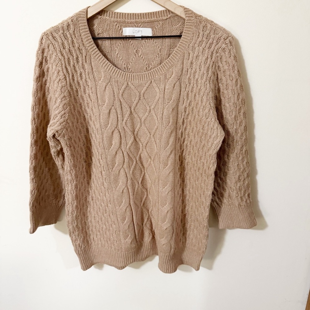 Loft Womens Tan Cable Knit Sweater 6% Rabbit Hair Long Sleeve Size XL